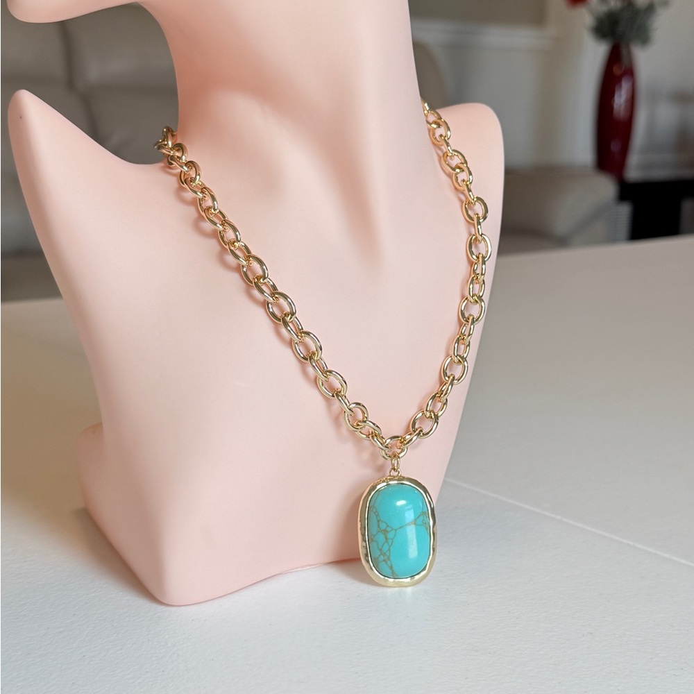 Gold Chain Necklace with Turquoise Pendant - Picture 5 of 10